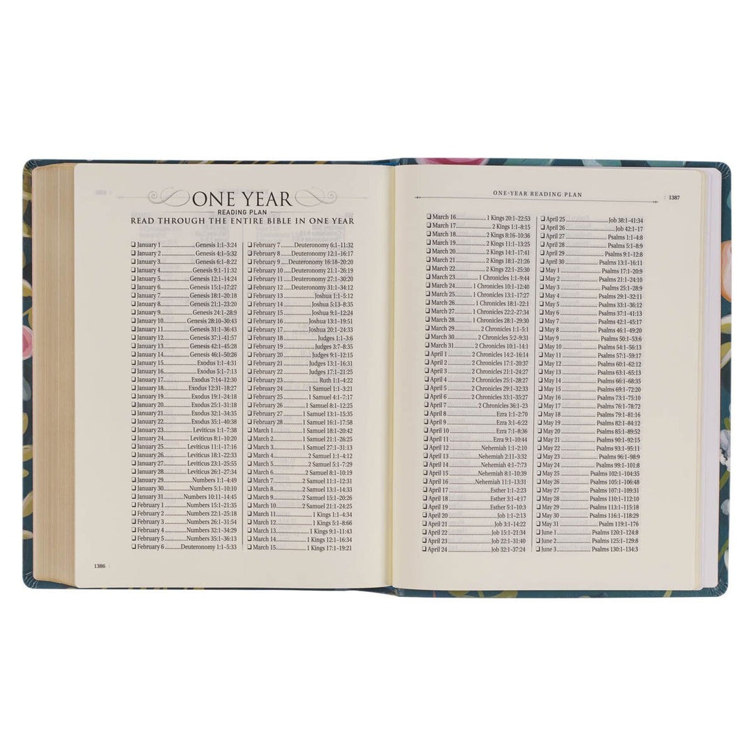 Teal Floral Ally Collection Large Print Faux Leather King James Version Note-taking Bible - Matthew 22:37