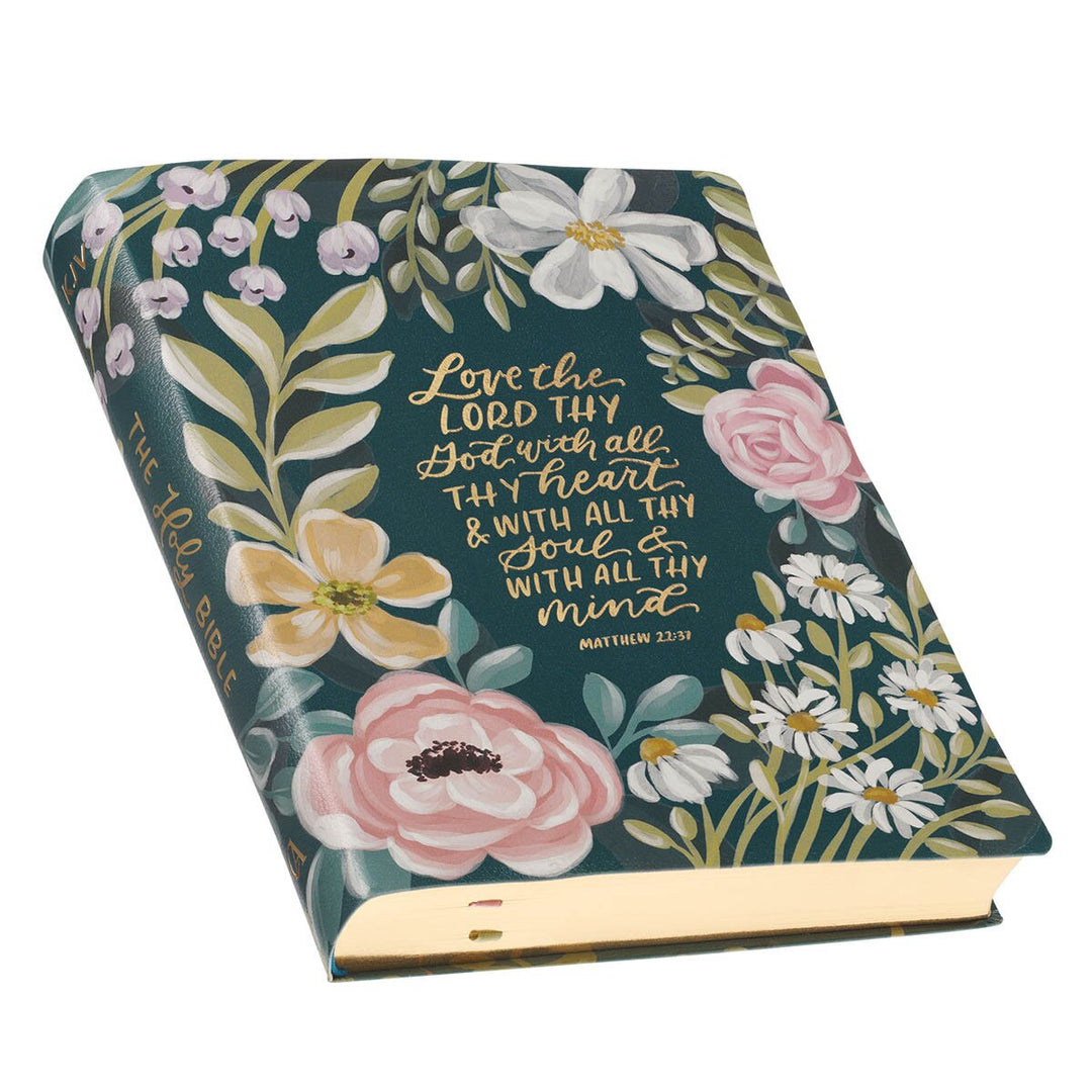 Teal Floral Ally Collection Large Print Faux Leather King James Version Note-taking Bible - Matthew 22:37