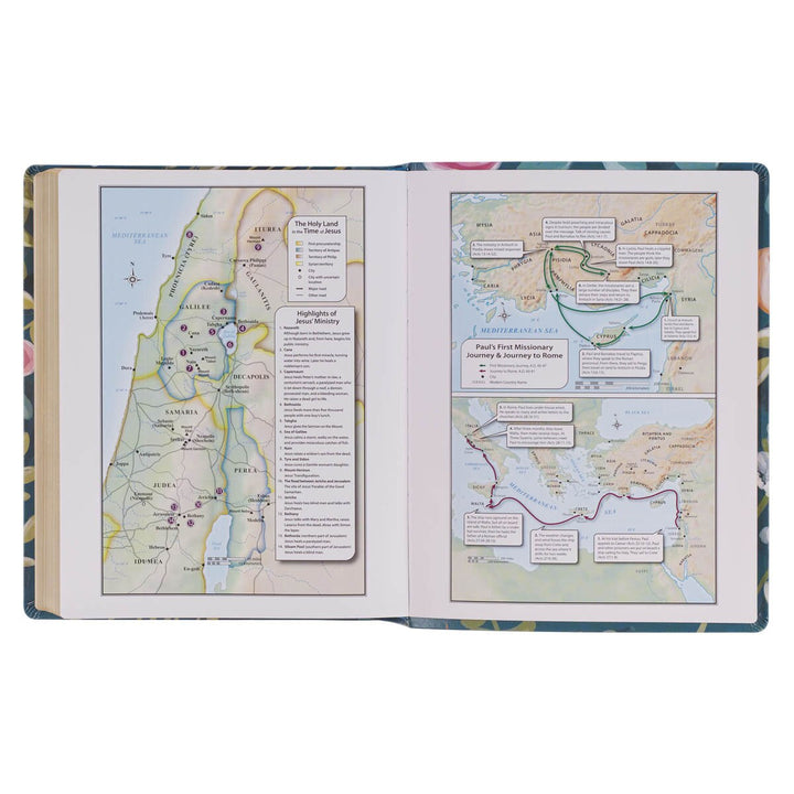 Teal Floral Ally Collection Large Print Faux Leather King James Version Note-taking Bible - Matthew 22:37