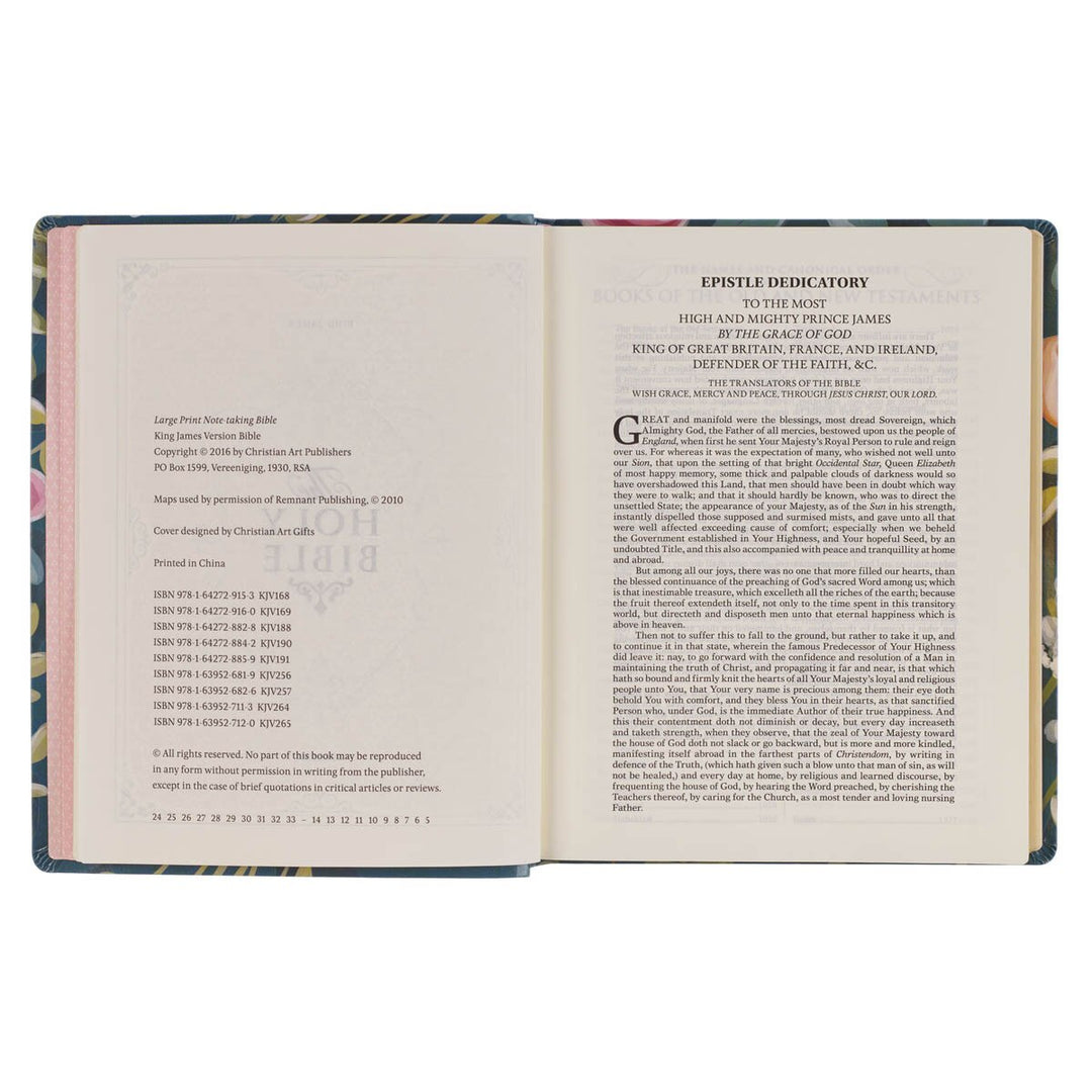 Teal Floral Ally Collection Large Print Faux Leather King James Version Note-taking Bible - Matthew 22:37