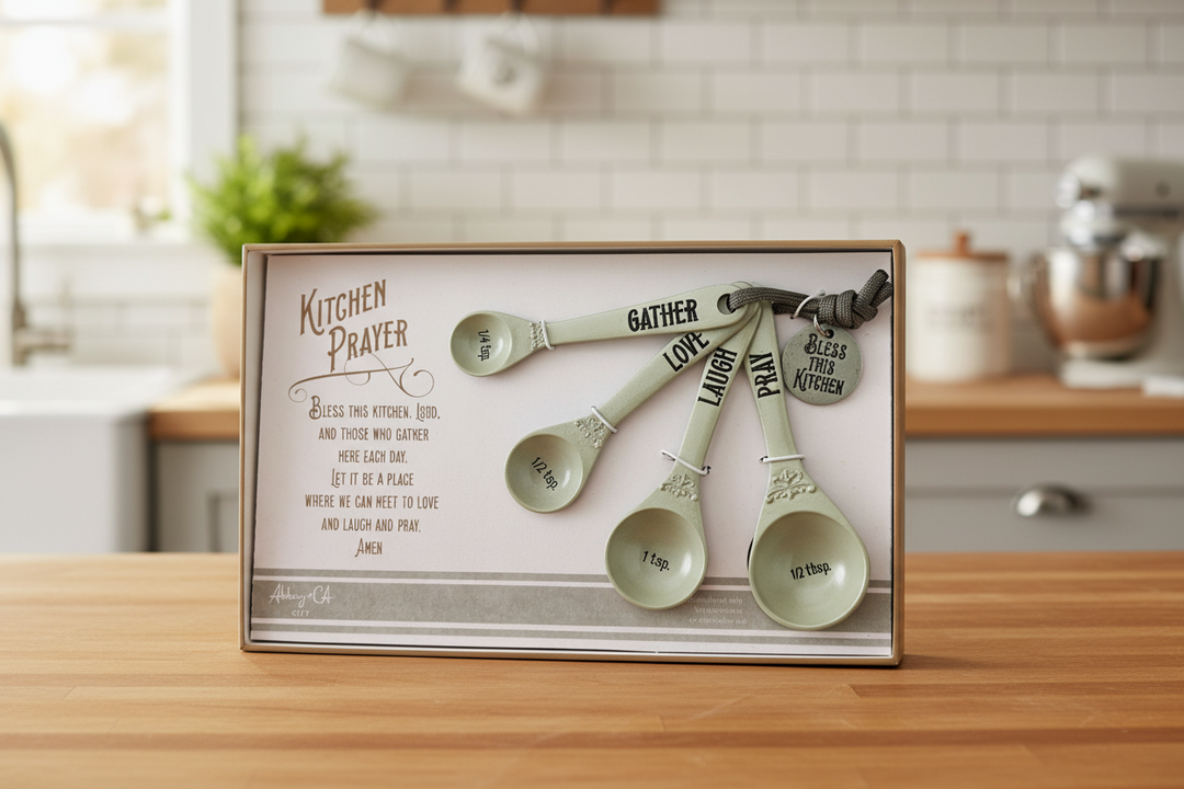 Kitchen Prayer - Metal Measuring Spoon Set, Set of 4 Measuring Spoons Gift Set for Christian Men and Women