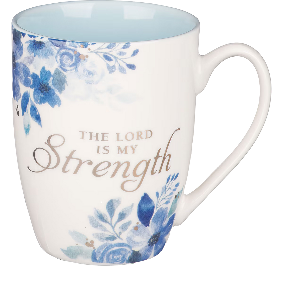 The Lord is My Strength Blue Floral Ceramic Coffee Mug - Psalm 28:7