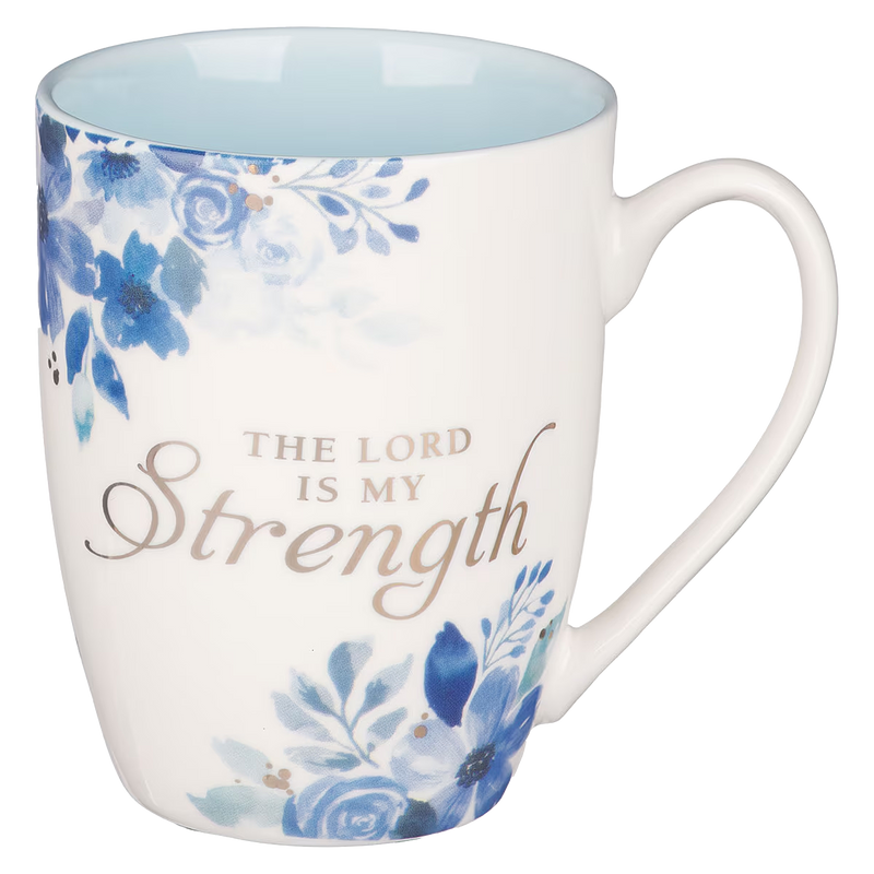 The Lord is My Strength Blue Floral Ceramic Coffee Mug - Psalm 28:7