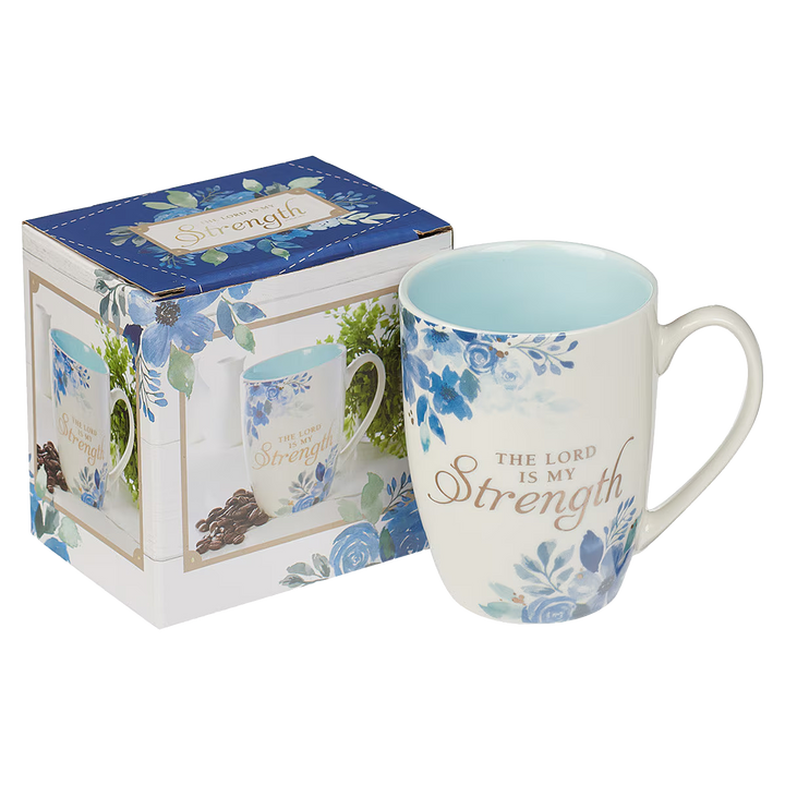 The Lord is My Strength Blue Floral Ceramic Coffee Mug - Psalm 28:7