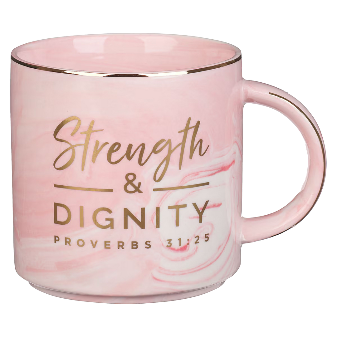 Strength and Dignity Pink Marbled Ceramic Coffee Mug - Proverbs 31:25