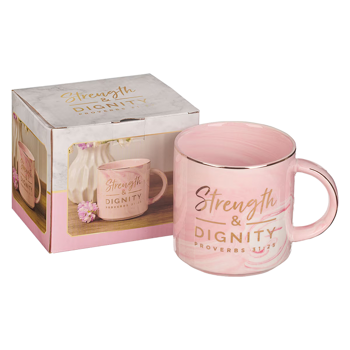 Strength and Dignity Pink Marbled Ceramic Coffee Mug - Proverbs 31:25