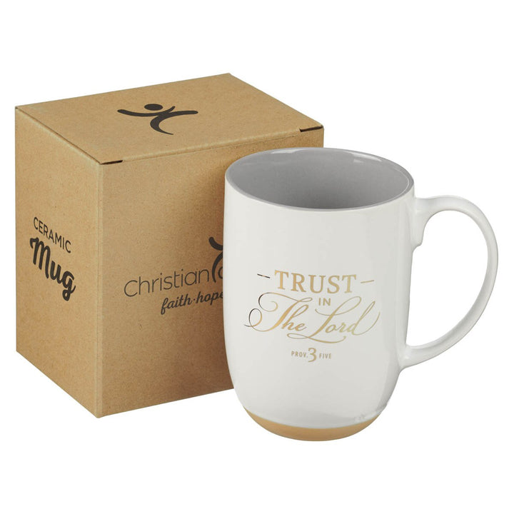 Trust in the Lord white Ceramic Coffee Mug with Exposed Clay Base - Proverbs 3:5