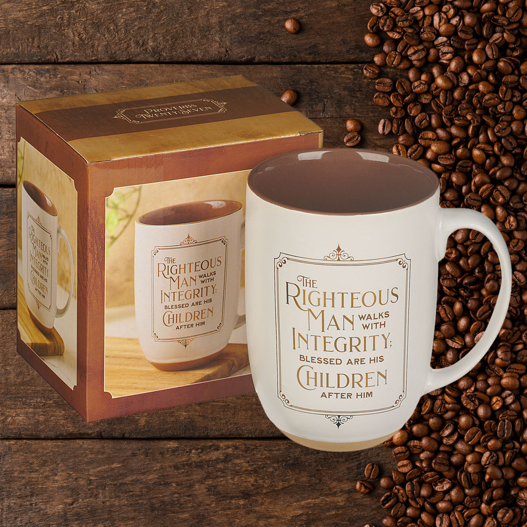 Righteous Man White and Gold Ceramic Coffee Mug with Exposed Clay Base - Proverbs 20:7