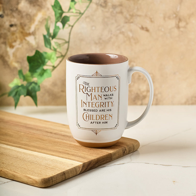 Righteous Man White and Gold Ceramic Coffee Mug with Exposed Clay Base - Proverbs 20:7