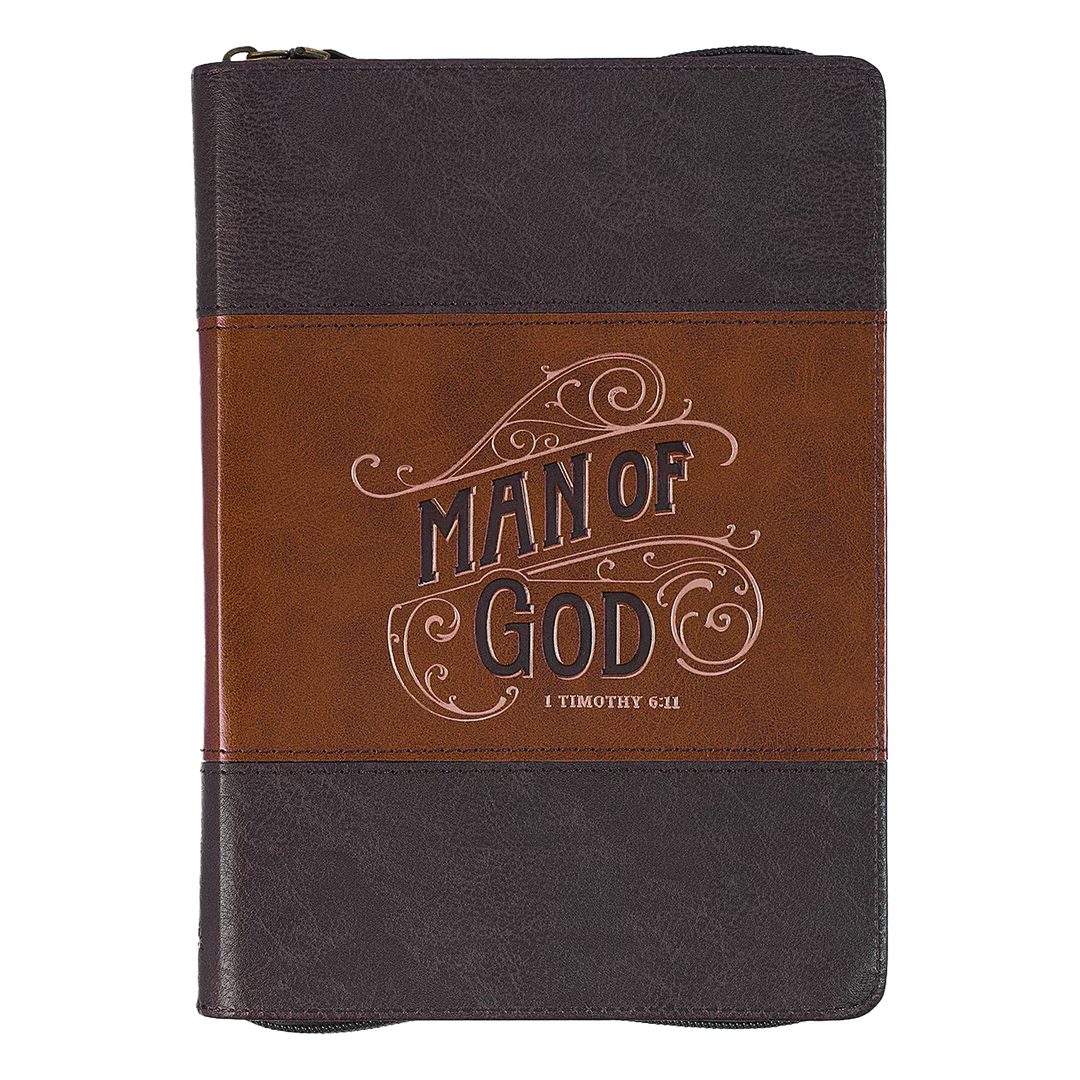 Man of God Honey-brown and Espresso Faux Leather Journal with Zipper Closure - 1 Timothy 6:11