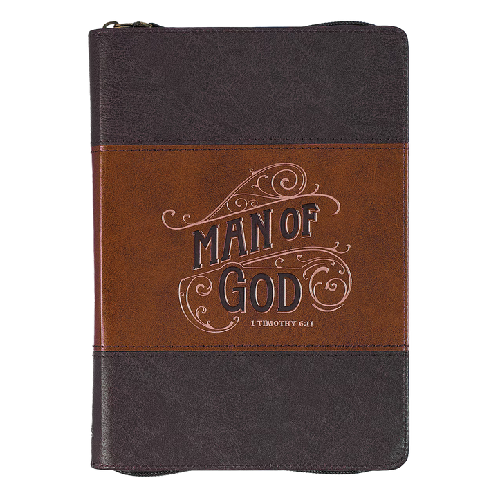 Man of God Honey-brown and Espresso Faux Leather Journal with Zipper Closure - 1 Timothy 6:11