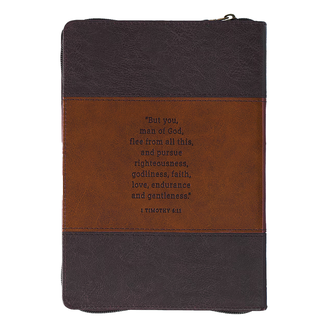 Man of God Honey-brown and Espresso Faux Leather Journal with Zipper Closure - 1 Timothy 6:11