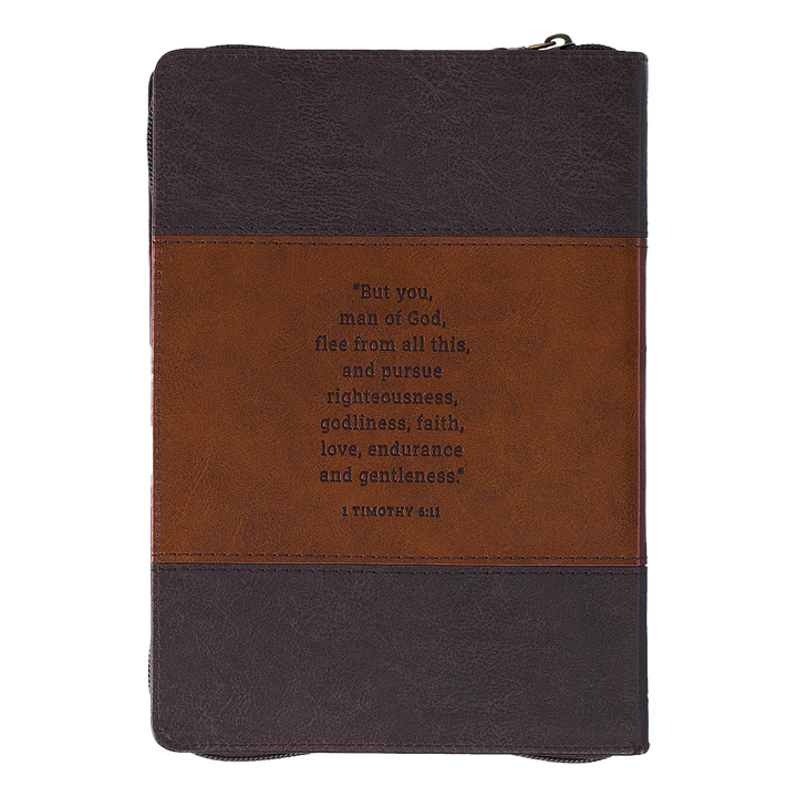 Man of God Honey-brown and Espresso Faux Leather Journal with Zipper Closure - 1 Timothy 6:11