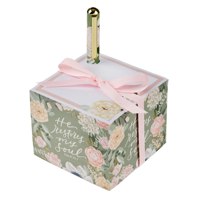 He Restores My Soul Green Floral Note Block and Pen Set - Psalm 23:3