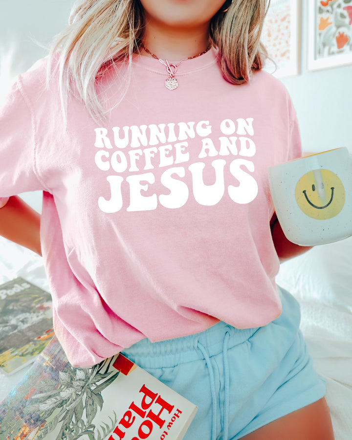 Running On Coffee and Jesus Comfort Colors T-Shirt, Christian Faith Gift
