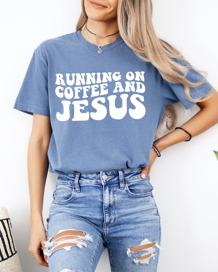 Running On Coffee and Jesus Comfort Colors T-Shirt, Christian Faith Gift