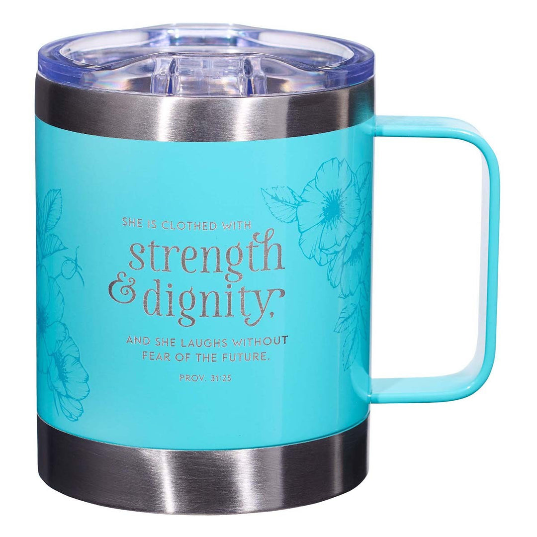 Strength &amp; Dignity Teal Camp-style Stainless Steel Mug - Proverbs 31:25