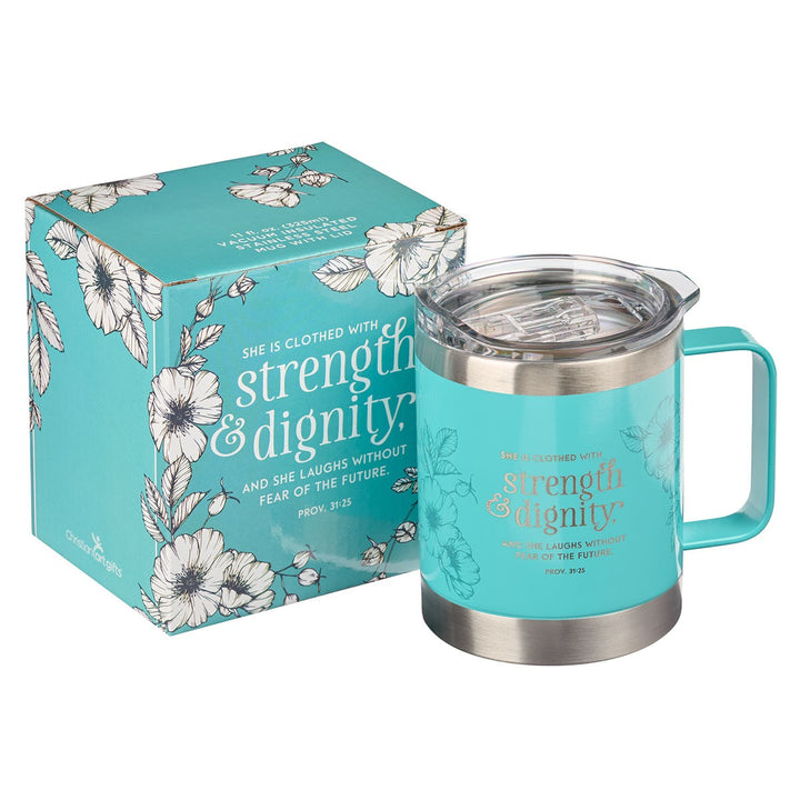 Strength &amp; Dignity Teal Camp-style Stainless Steel Mug - Proverbs 31:25