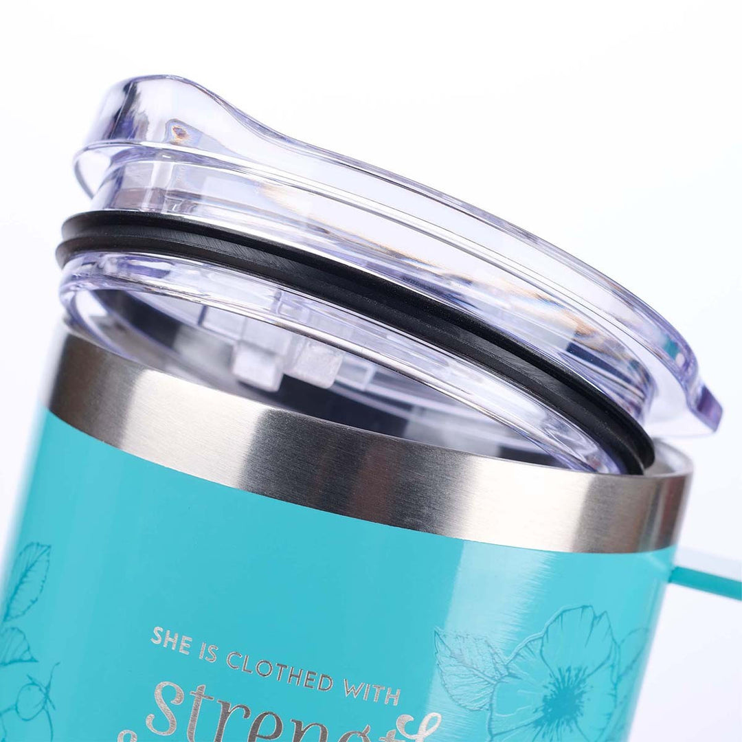 Strength &amp; Dignity Teal Camp-style Stainless Steel Mug - Proverbs 31:25