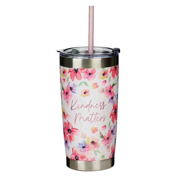 Kindness Matters Pink Cosmos Stainless Steel Travel Mug with Reusable Straw