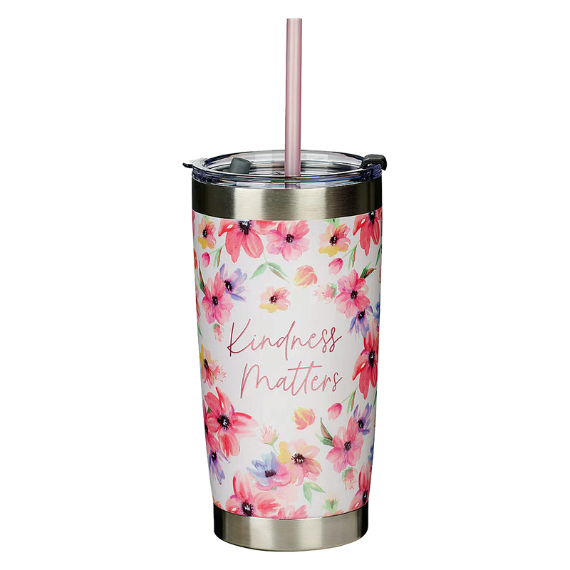 Kindness Matters Pink Cosmos Stainless Steel Travel Mug with Reusable Straw