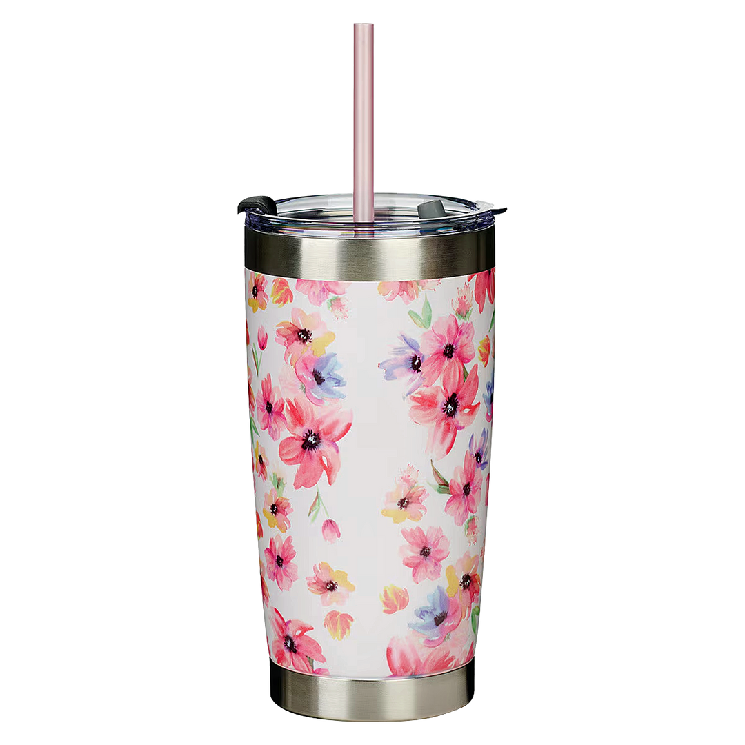 Kindness Matters Pink Cosmos Stainless Steel Travel Mug with Reusable Straw