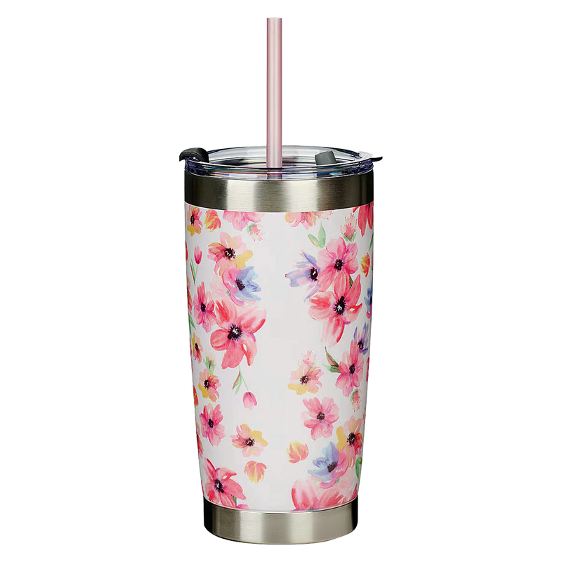 Kindness Matters Pink Cosmos Stainless Steel Travel Mug with Reusable Straw