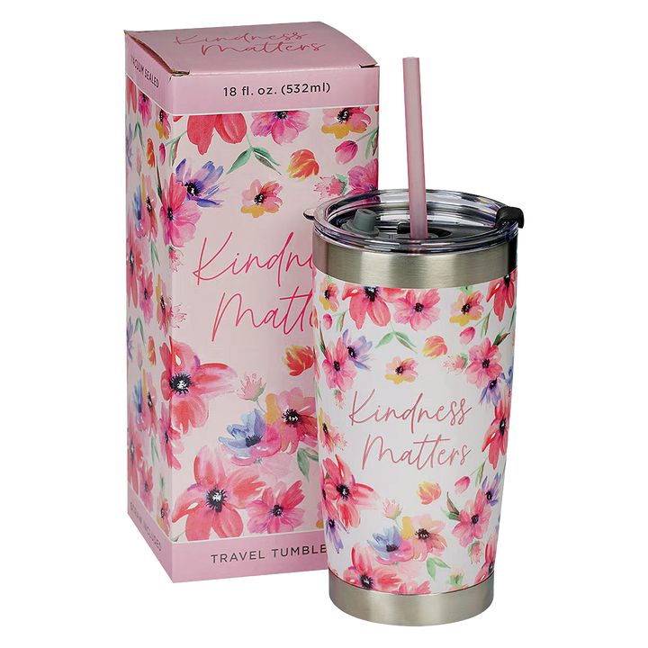 Kindness Matters Pink Cosmos Stainless Steel Travel Mug with Reusable Straw
