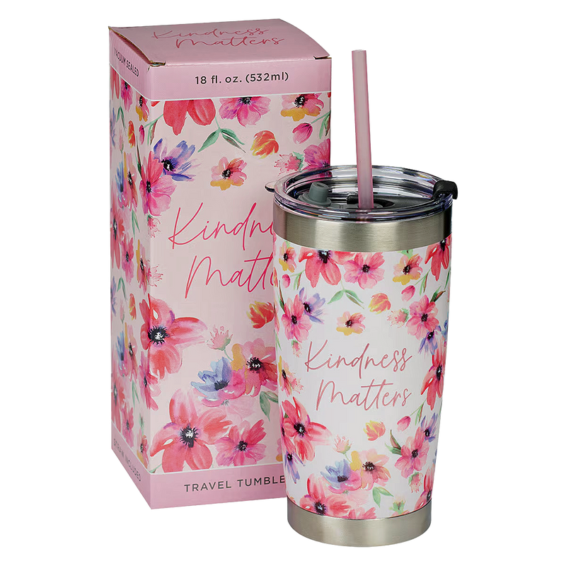 Kindness Matters Pink Cosmos Stainless Steel Travel Mug with Reusable Straw