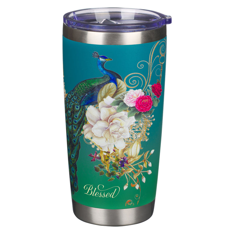 Blessed Blue Peacock Stainless Steel Travel Tumbler - Jeremiah 17:7