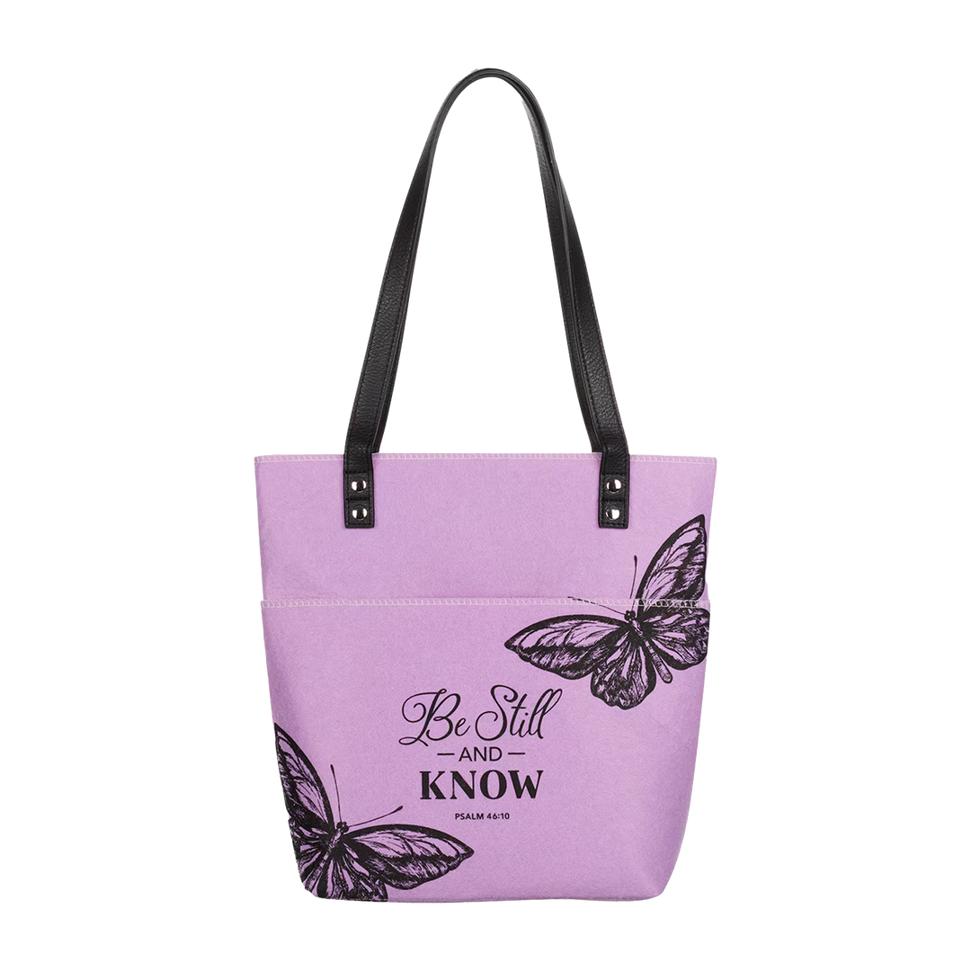 Be Still and Know Purple Butterfly Fashion Felt Bible Tote Bag - Psalm 46:10