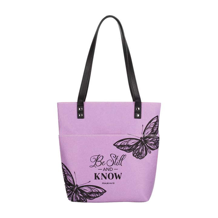 Be Still and Know Purple Butterfly Fashion Felt Bible Tote Bag - Psalm 46:10