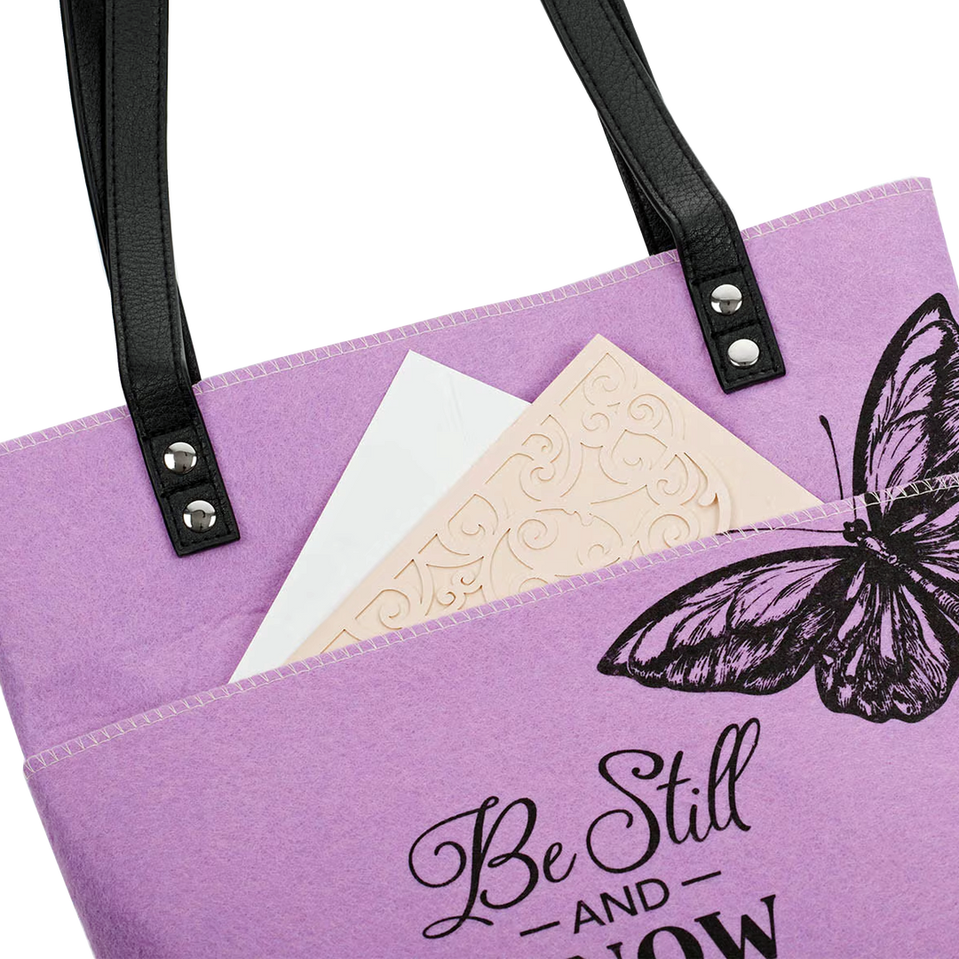 Be Still and Know Purple Butterfly Fashion Felt Bible Tote Bag - Psalm 46:10