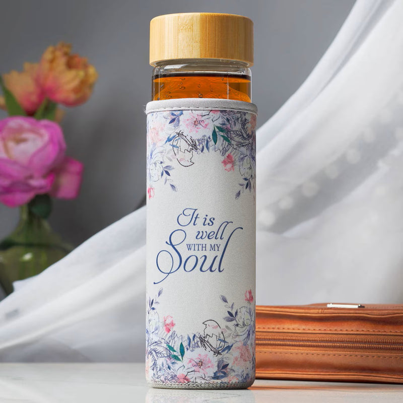 Well With My Soul Hymn Glass Water Bottle with Bamboo Lid and Sleeve