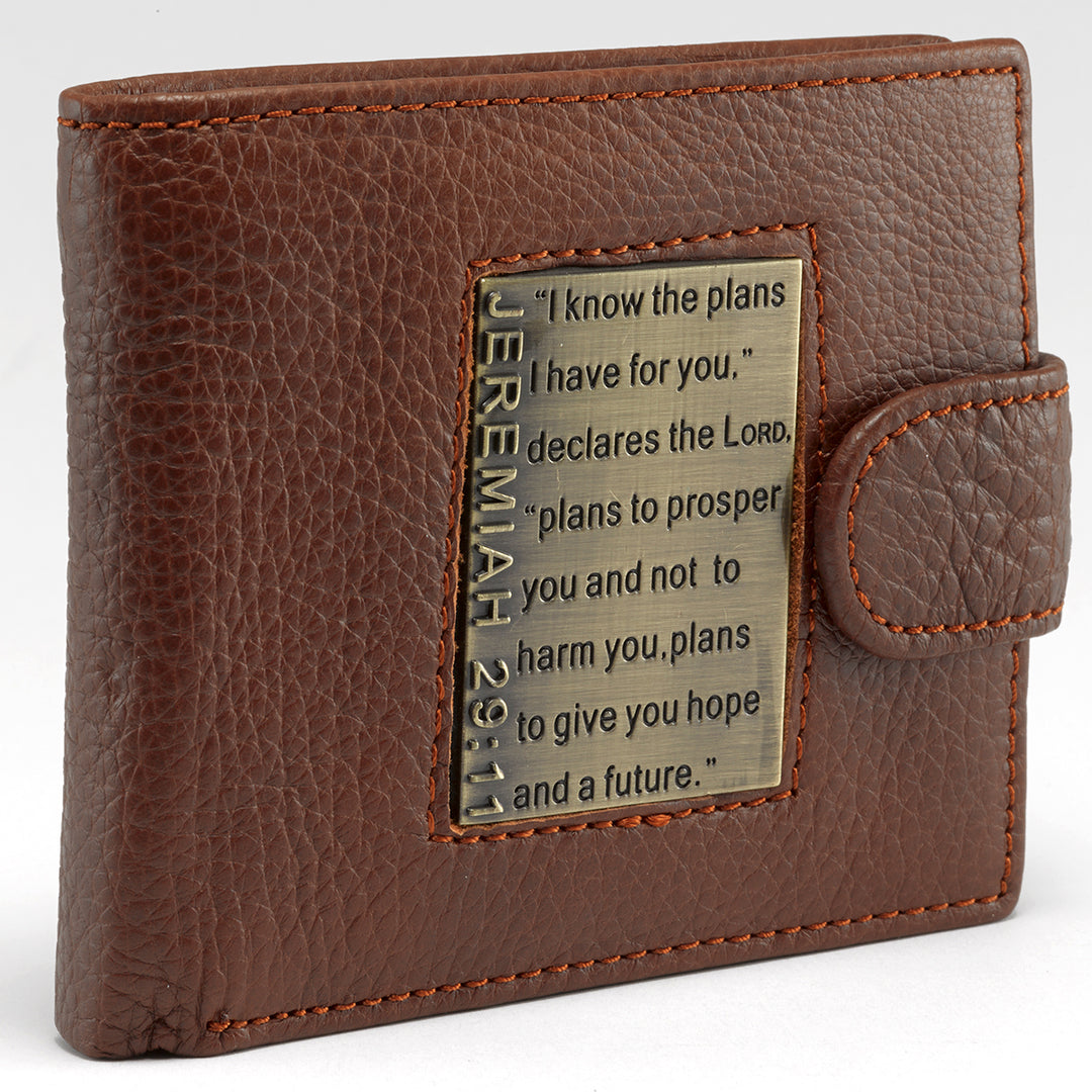I Know the Plans Timber Spice Brown Genuine Leather Wallet with Brass Inlay - Jeremiah 29:11