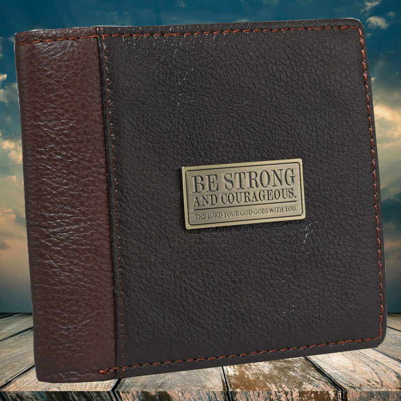 Strong and Courageous Two-tone Brown Full Grain Leather Wallet - Joshua 1:9