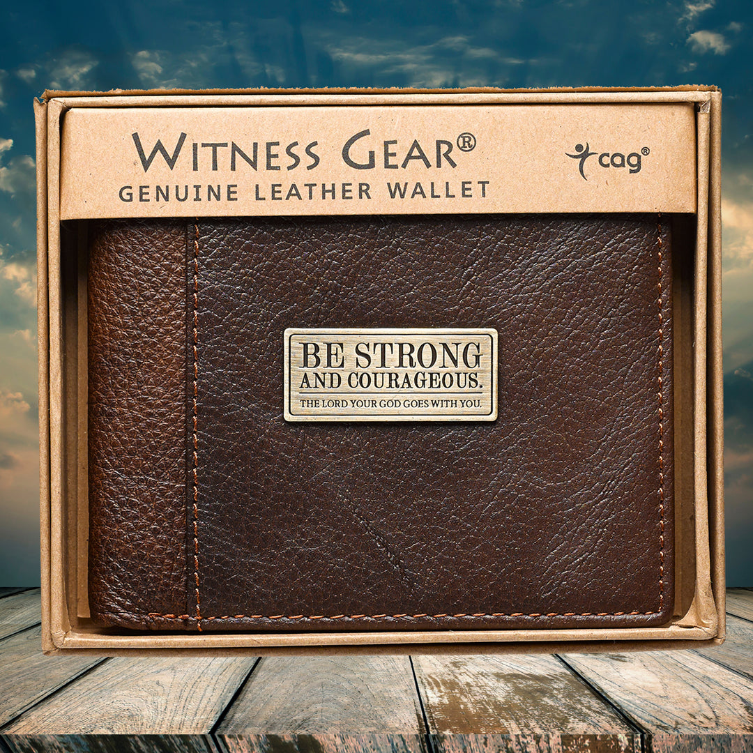 Strong and Courageous Two-tone Brown Full Grain Leather Wallet - Joshua 1:9