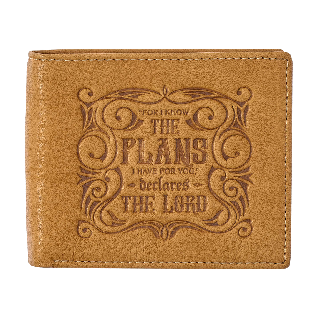Genuine Leather Wallet for Men and Dads with Scripture Jeremiah 29:11 RIFD Blocking Multi-purpose Slots Credit Card Holders Quality Classic Saddle Tan Leather Bifold Wallet for Men