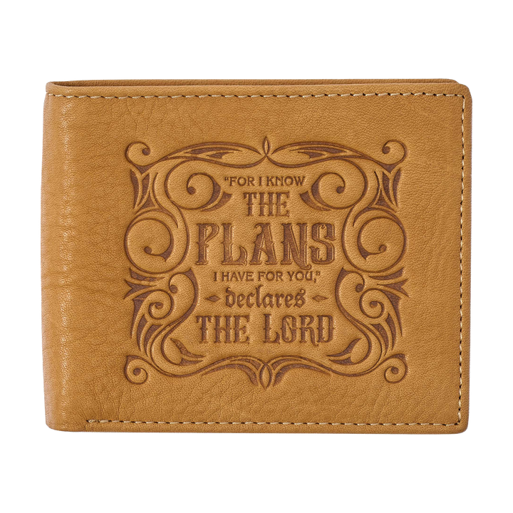 Genuine Leather Wallet for Men and Dads with Scripture Jeremiah 29:11 RIFD Blocking Multi-purpose Slots Credit Card Holders Quality Classic Saddle Tan Leather Bifold Wallet for Men