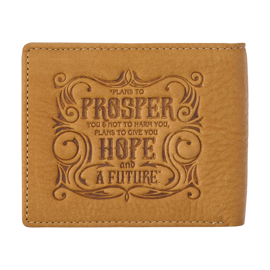 Genuine Leather Wallet for Men and Dads with Scripture Jeremiah 29:11 RIFD Blocking Multi-purpose Slots Credit Card Holders Quality Classic Saddle Tan Leather Bifold Wallet for Men