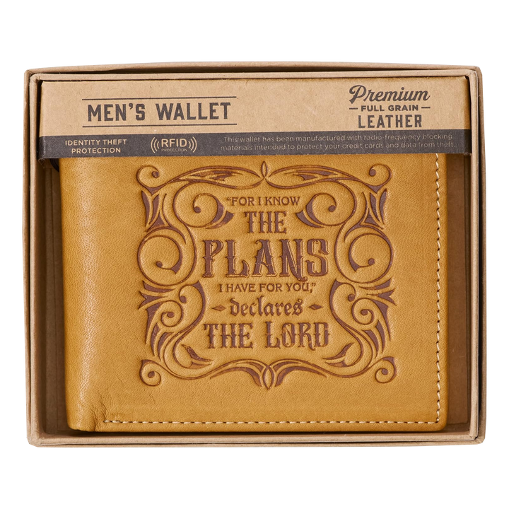 Genuine Leather Wallet for Men and Dads with Scripture Jeremiah 29:11 RIFD Blocking Multi-purpose Slots Credit Card Holders Quality Classic Saddle Tan Leather Bifold Wallet for Men