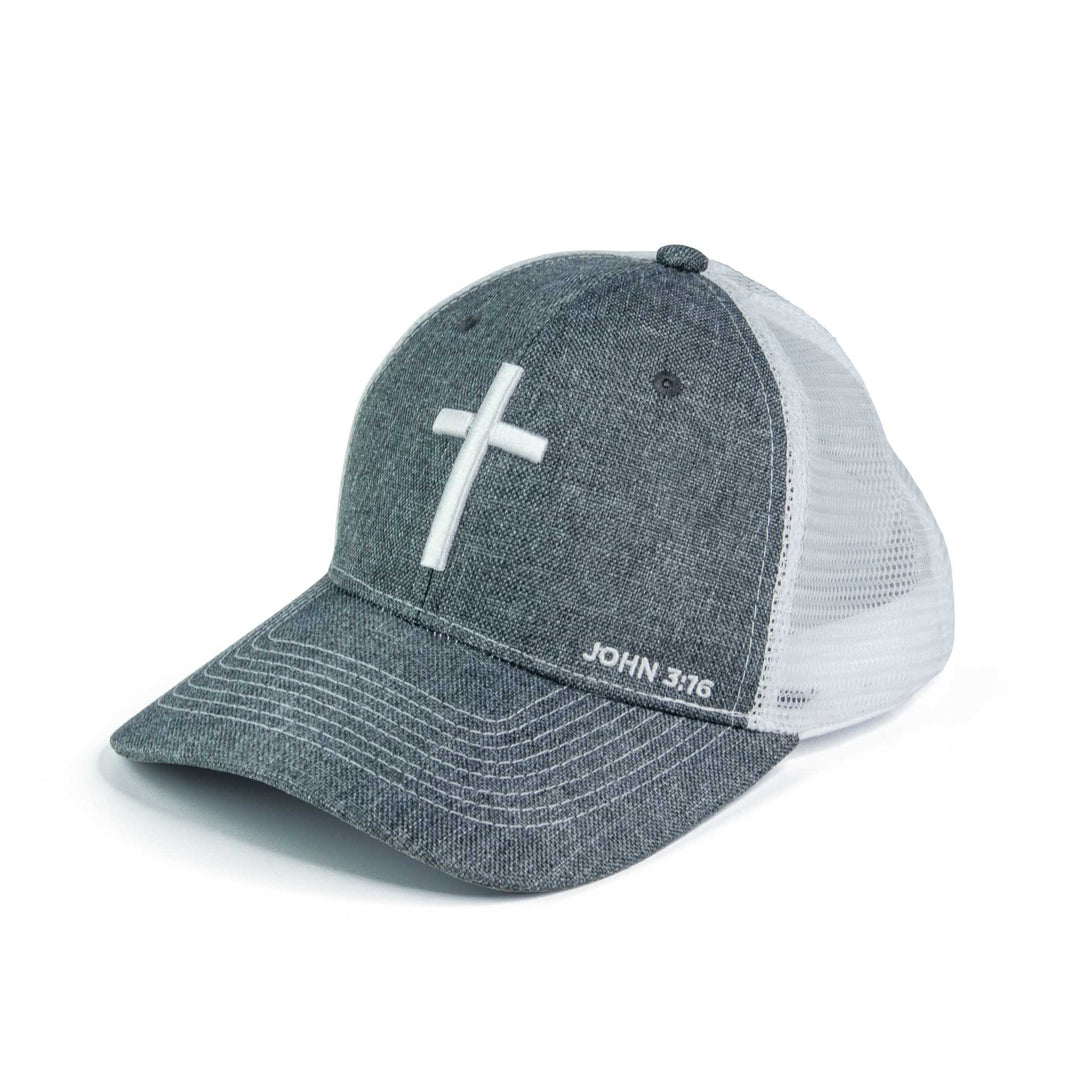 Ball Cap - Cross, John 3:16 - Heather Grey and White