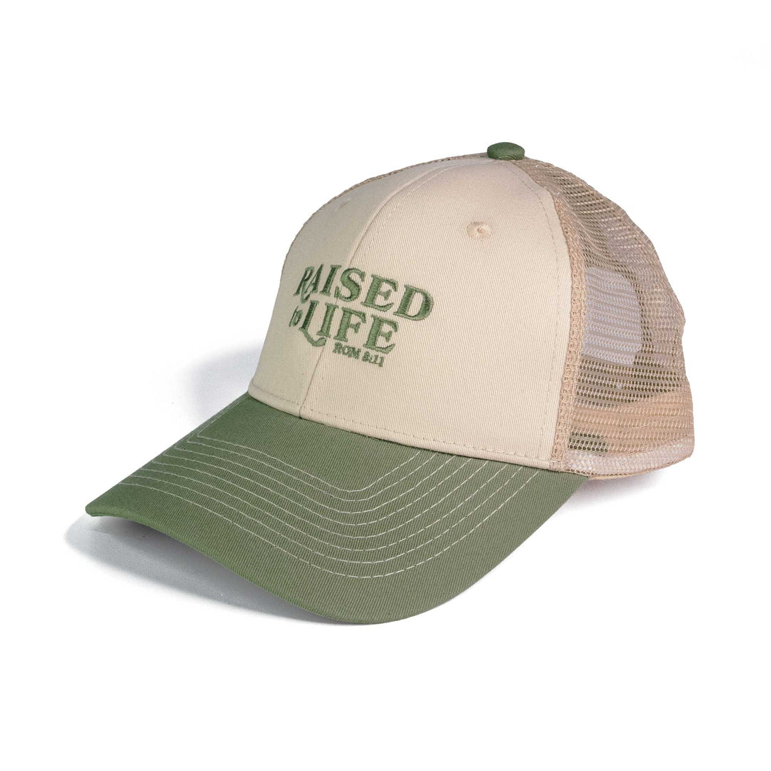 Ball Cap - Raised to Life, Rom 8:11 - Khaki and Loden