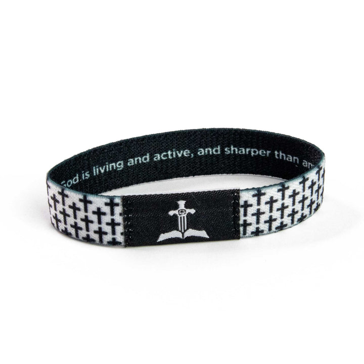 Black and White Crosses, Hebrews 4:12 - Logos Tap Stretch Bracelet