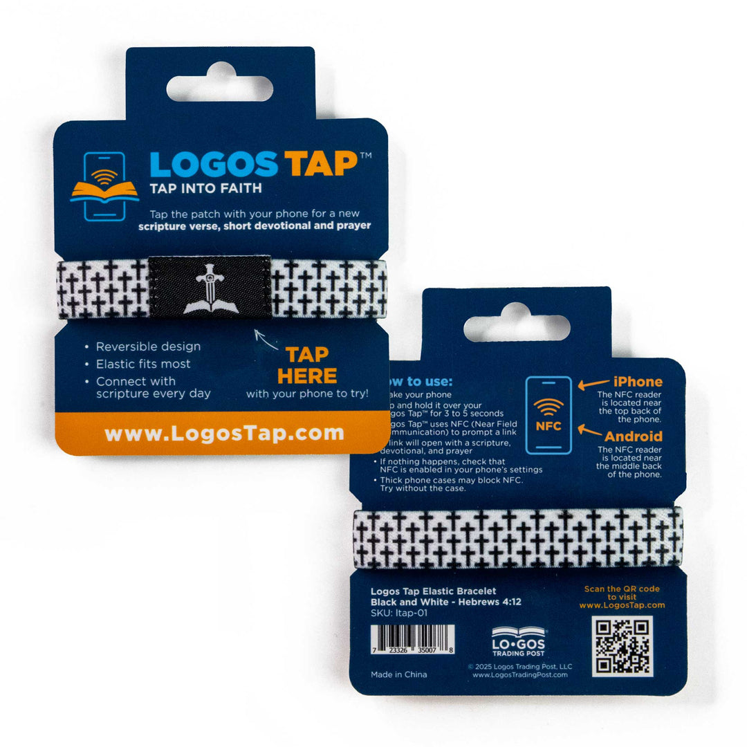 Black and White Crosses, Hebrews 4:12 - Logos Tap Stretch Bracelet