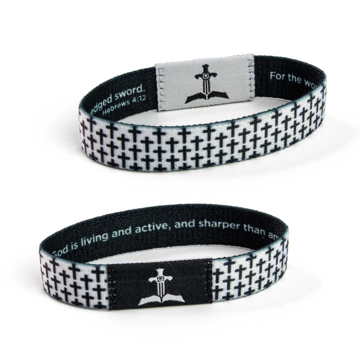 Black and White Crosses, Hebrews 4:12 - Logos Tap Stretch Bracelet