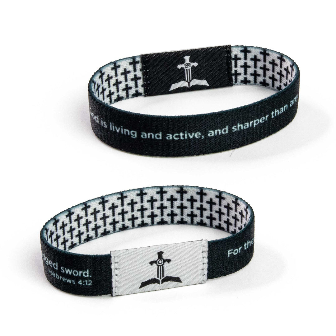 Black and White Crosses, Hebrews 4:12 - Logos Tap Stretch Bracelet