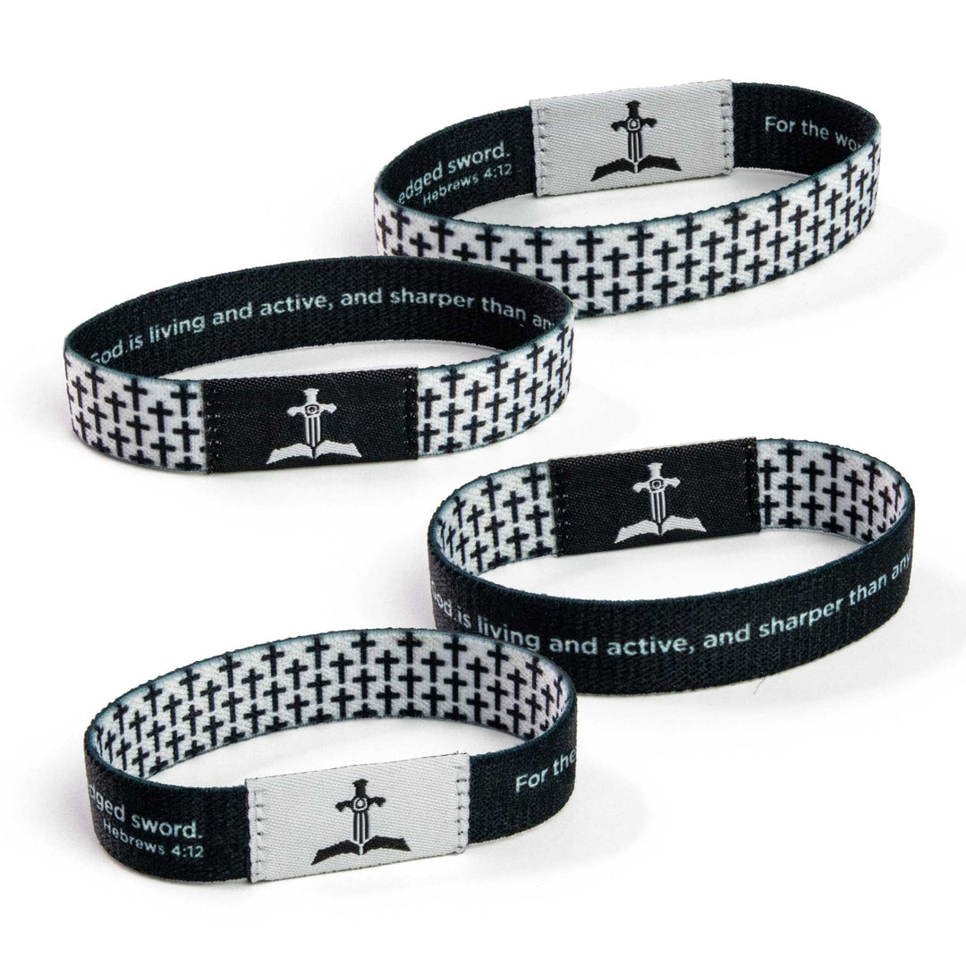 Black and White Crosses, Hebrews 4:12 - Logos Tap Stretch Bracelet
