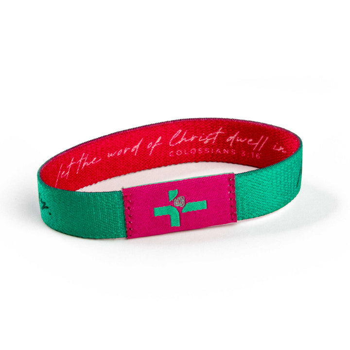 Teal and Pink - Let the word of Christ dwell in you richly. - Colossians 3:16 - Logos Tap Stretch Bracelet