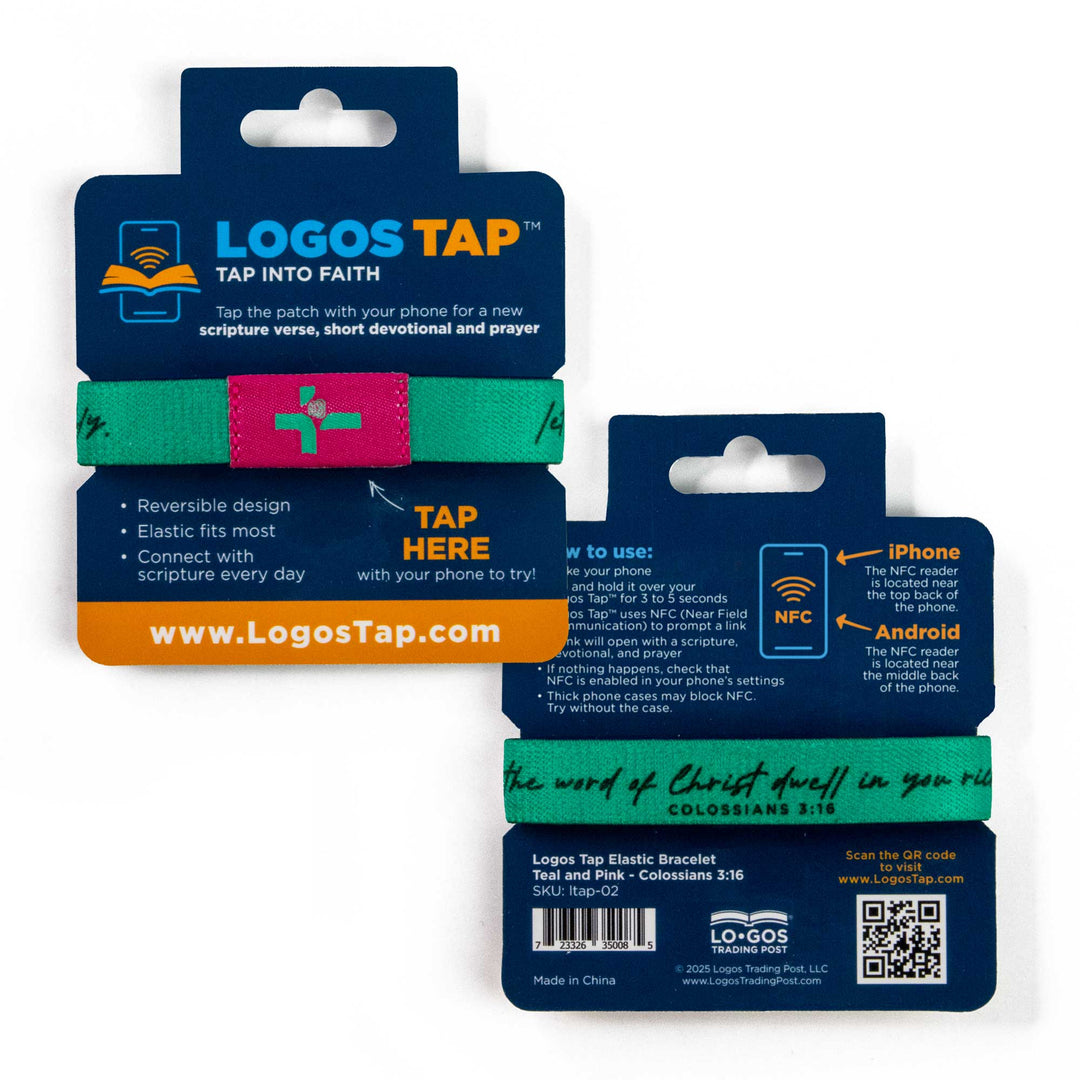 Teal and Pink - Let the word of Christ dwell in you richly. - Colossians 3:16 - Logos Tap Stretch Bracelet